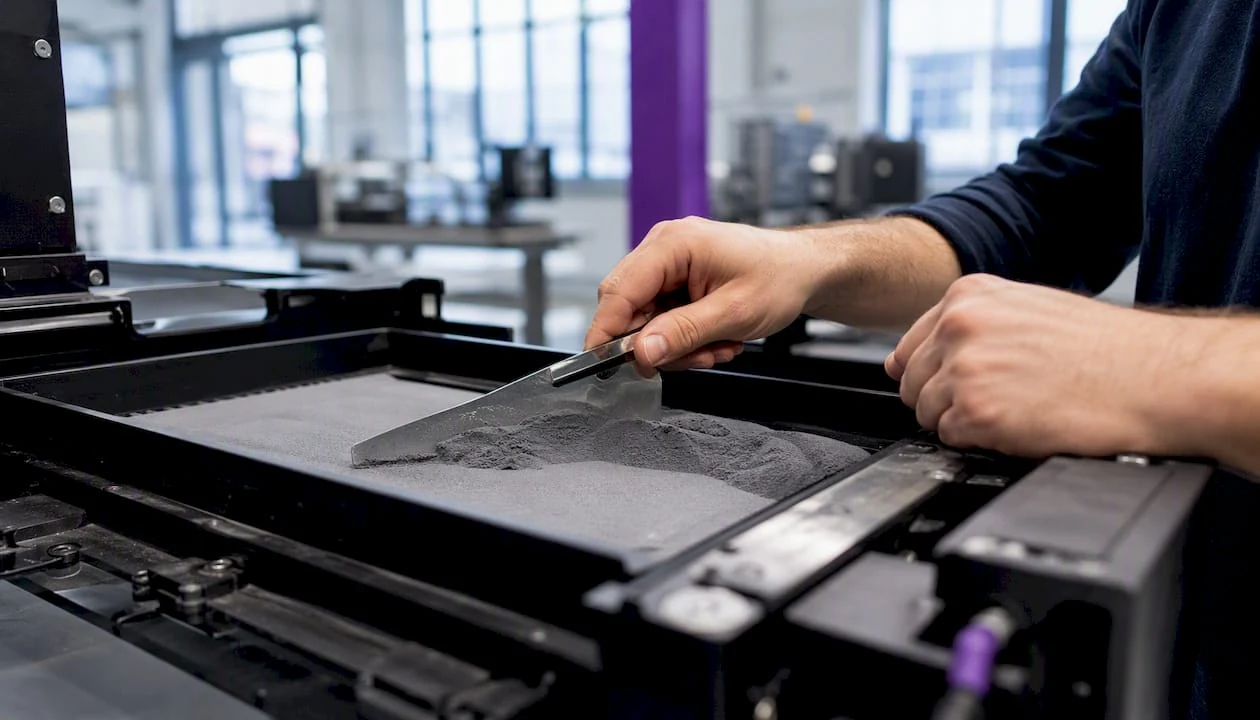 Des mains s'activent pour préparer le lit de poudre, étape essentielle avant l'impression 3D dans un environnement industriel.