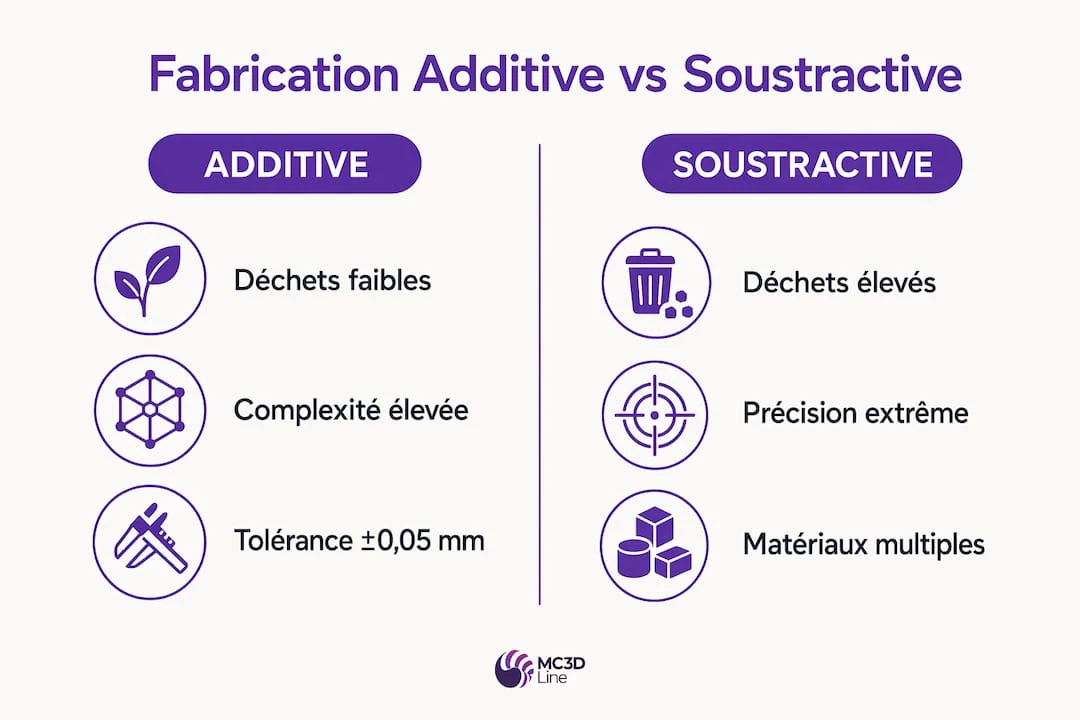 Infographie : les différences entre fabrication additive et fabrication soustractive