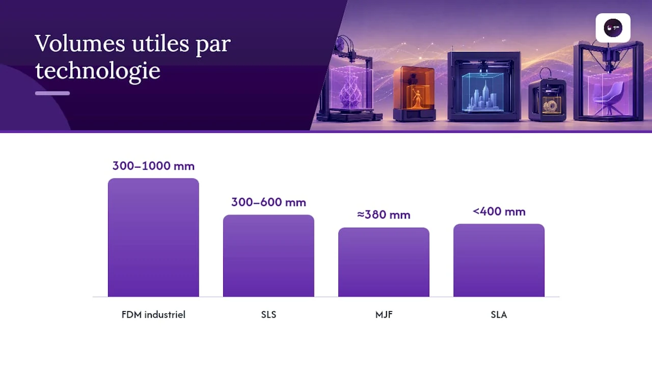 Schéma comparatif des volumes de construction selon la technologie d'impression 3D