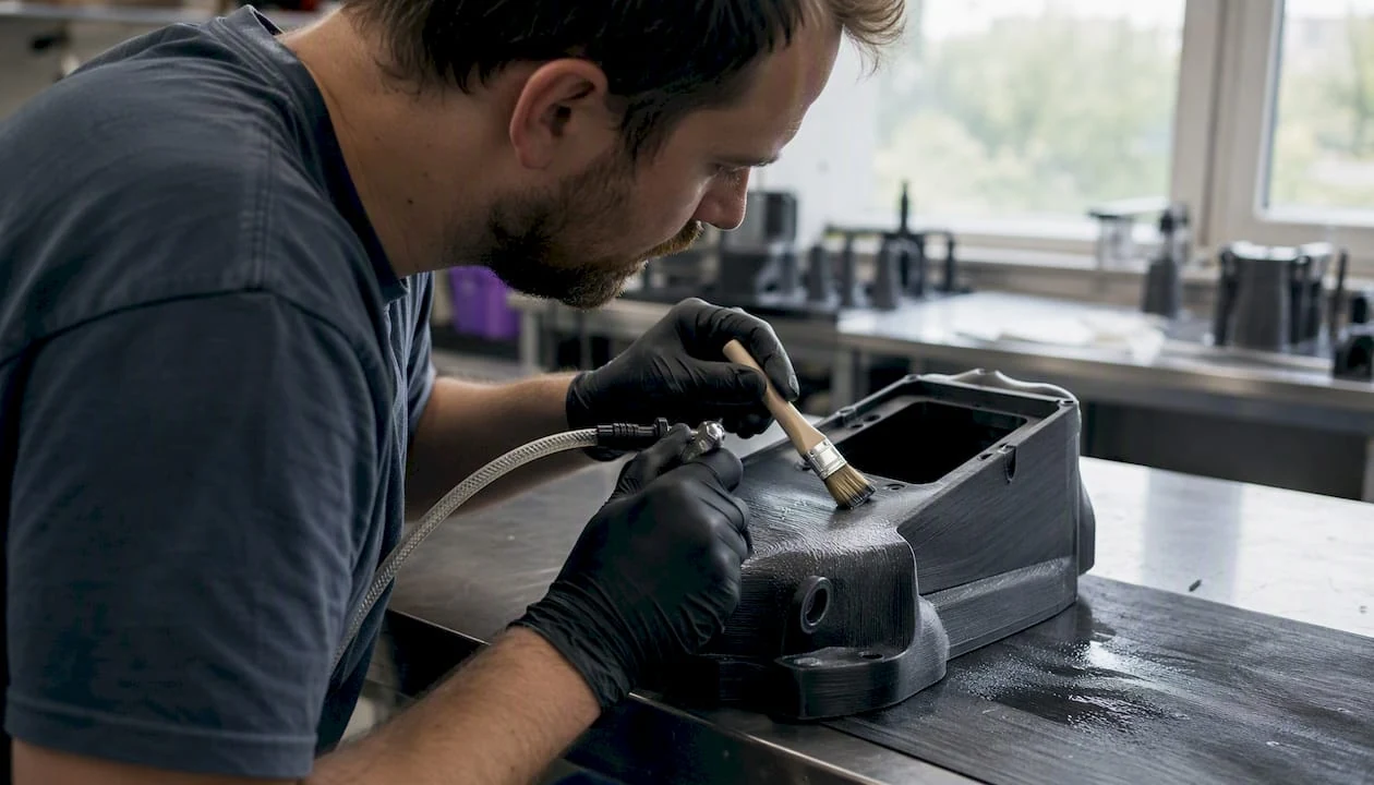 Un technicien en train de lisser une pièce imprimée en 3D avec de l'ABS grâce à la vapeur d'acétone.