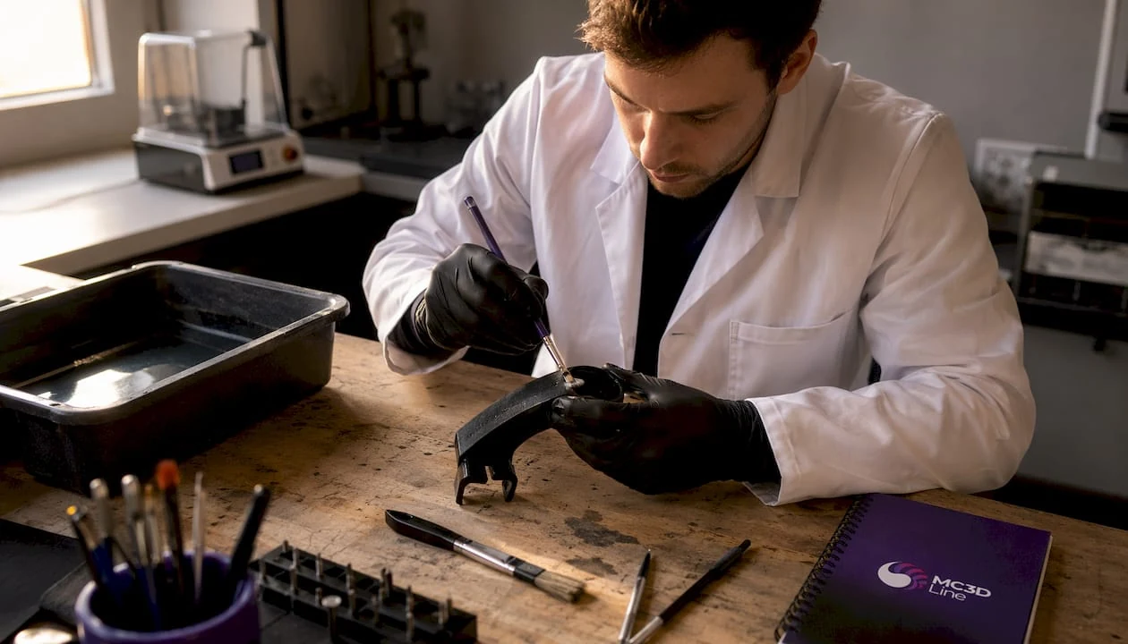 Le technicien réalise les opérations de finition sur les pièces issues de l'impression 3D.