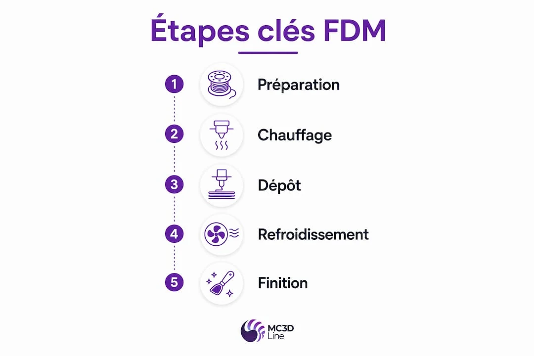 Découvrez en un coup d’œil les grandes étapes du procédé FDM grâce à cette infographie explicative.