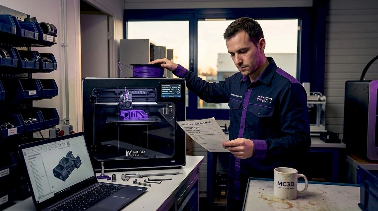 Un technicien examine en priorité une impression 3D urgente dans l’atelier.