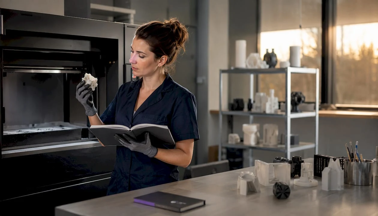 Un technicien examine minutieusement une pièce industrielle fabriquée par impression 3D.