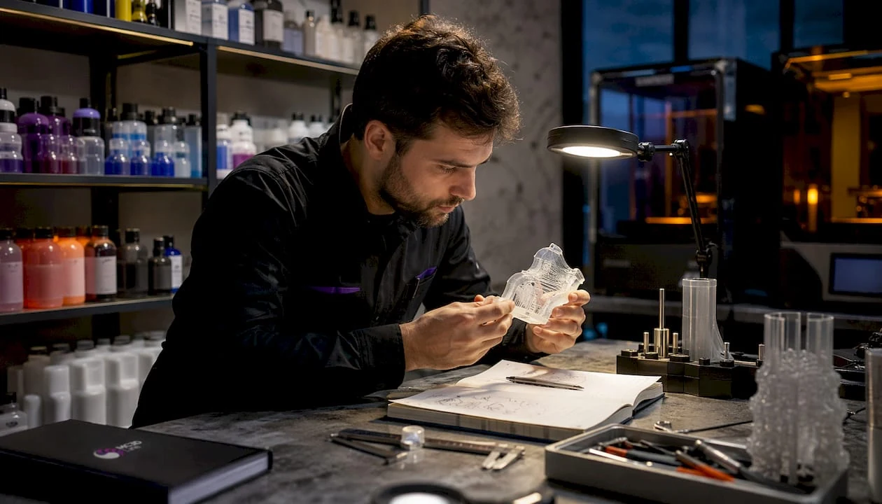 Un technicien contrôle une pièce réalisée en impression 3D dans l’atelier.