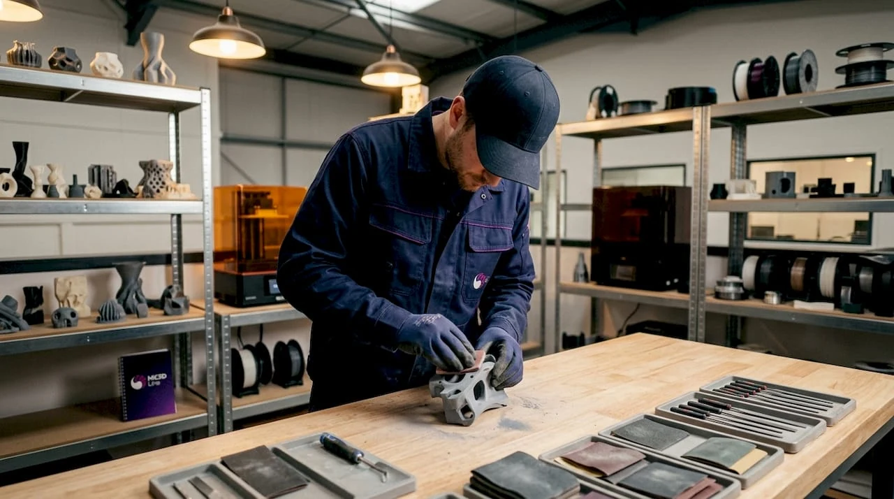 Un technicien en train de lisser une pièce imprimée en 3D