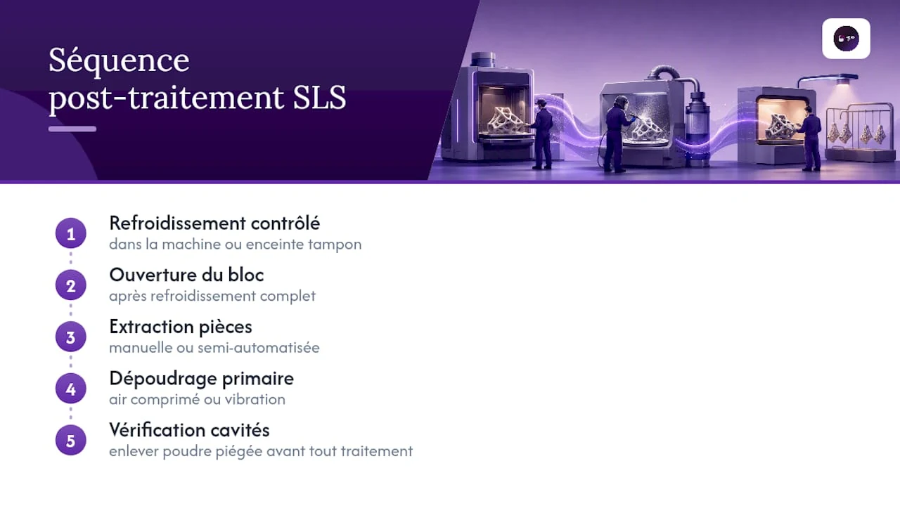 Les quatre étapes du dépoudrage SLS