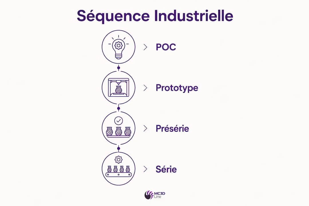 Infographie illustrant les étapes clés, du prototypage jusqu’à la production en série.