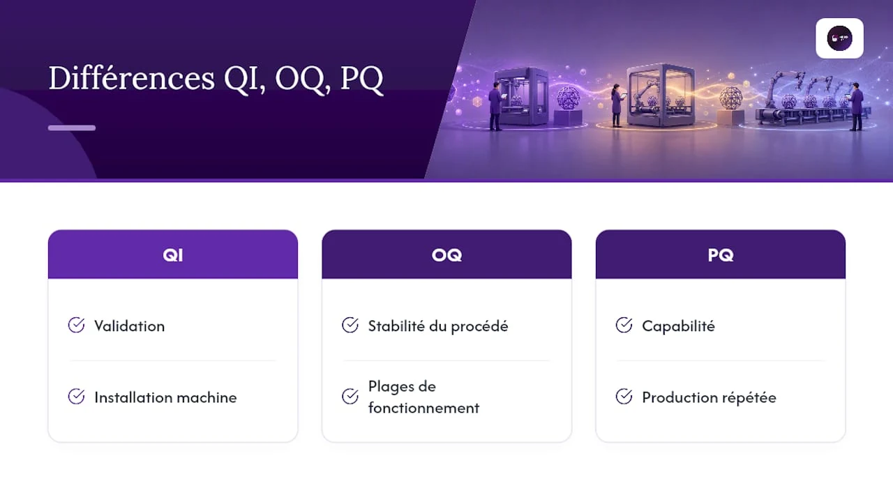Schéma comparant les étapes de qualification QI, OQ et PQ
