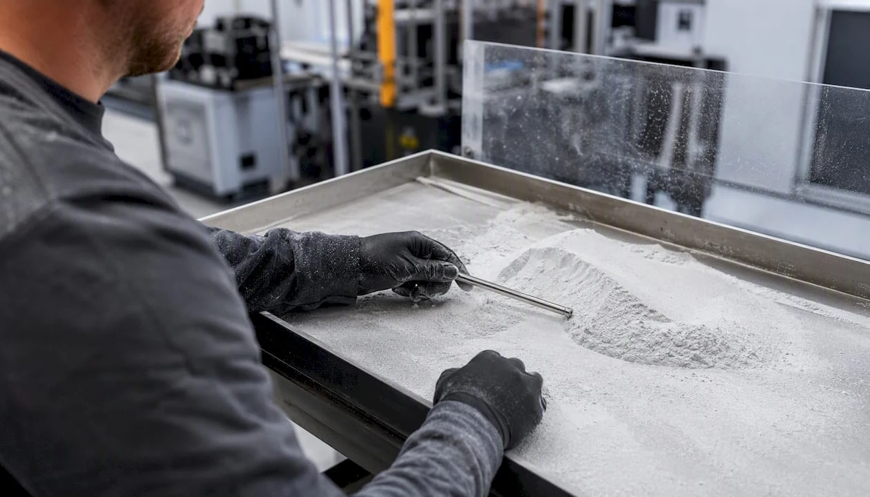 Un opérateur utilise un aimant pour extraire les particules métalliques d’une poudre.