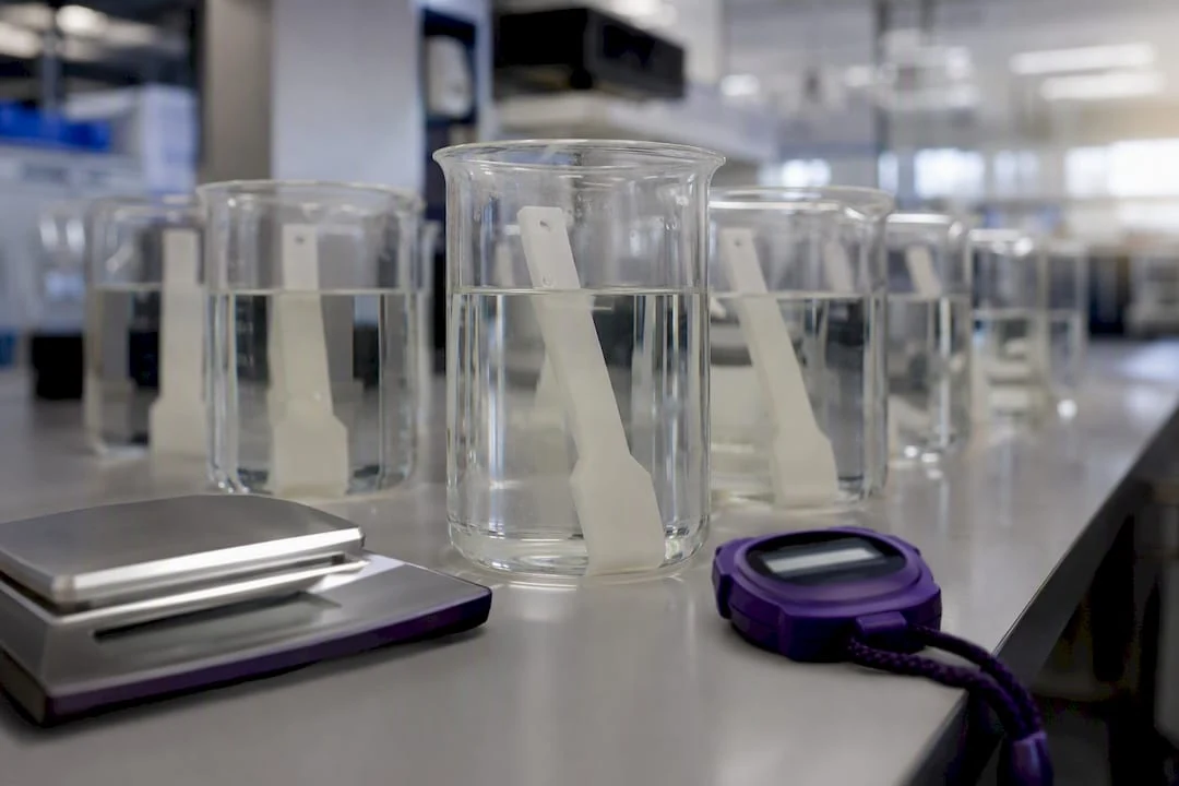 Installation de test de résistance chimique ASTM D543 avec des échantillons de PA12