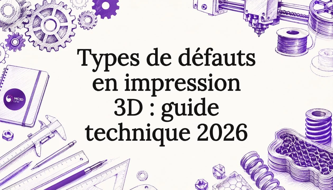 Visuel thématique mettant en avant les outils de l’impression 3D et les principaux défauts rencontrés