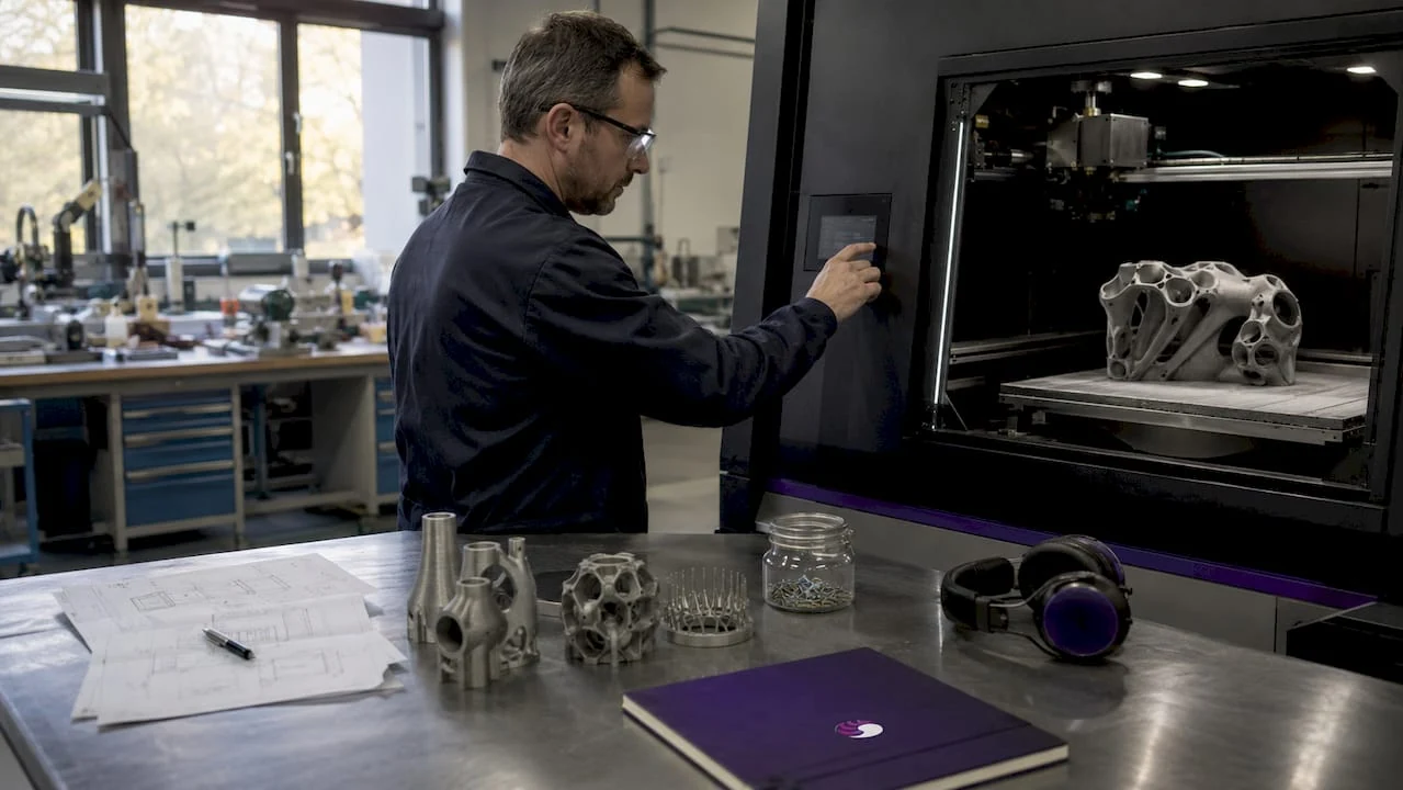 Un technicien procède aux réglages d’une imprimante 3D SLS dans l’atelier.