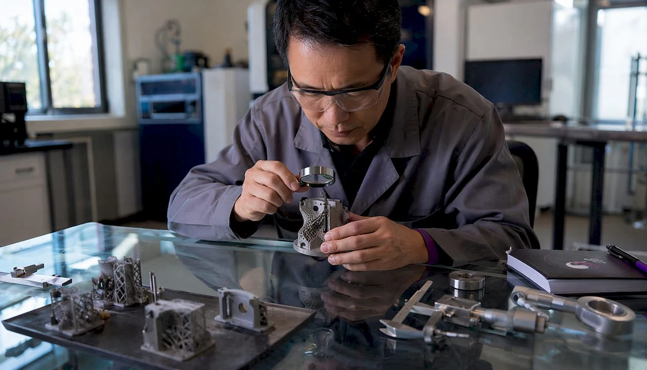 Un ingénieur examine attentivement des fissures sur une pièce métallique obtenue par impression 3D.