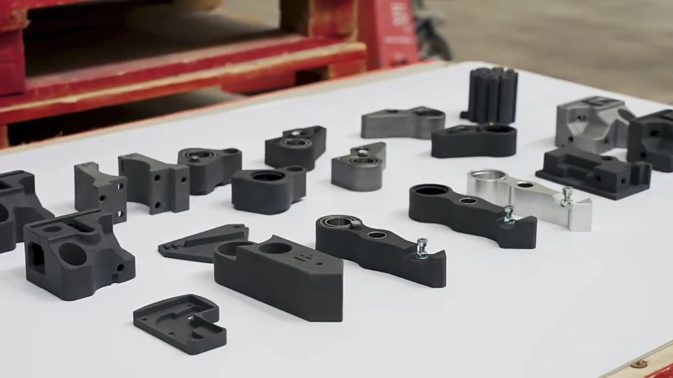 Pièces fonctionnelles imprimées en 3D SLS et pièces aluminium usinées sur table d'atelier