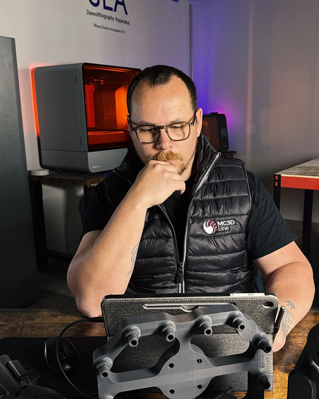 Romain Rousselet, fondateur de MC3D Line, au travail devant une pièce imprimée en 3D
