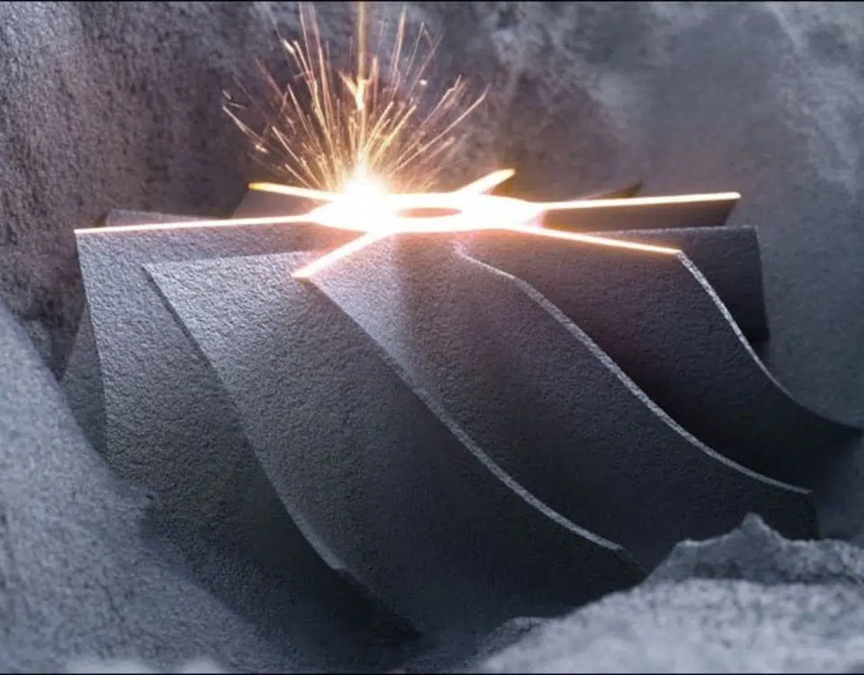 Éclat d'une pièce métallique en fusion, fabrication additive en SLS