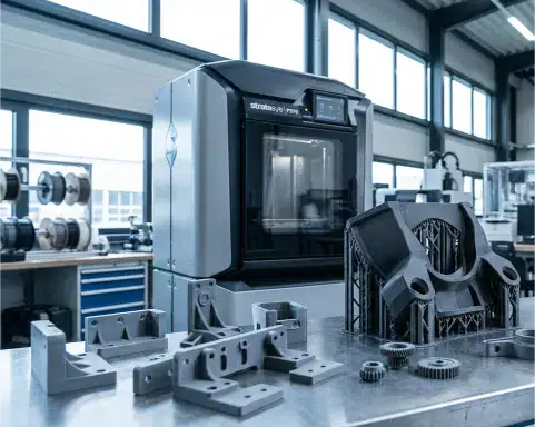 Imprimante 3d en second plan, premier plan, des pièces imprimée en 3D