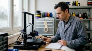 Un ingénieur surveille le déroulement d’une impression 3D pour s’assurer que tout se passe comme prévu.