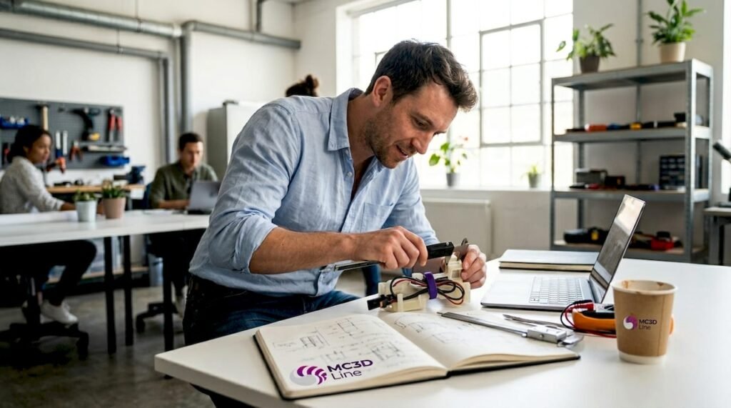 Un ingénieur examine minutieusement un prototype 3D installé sur son bureau.