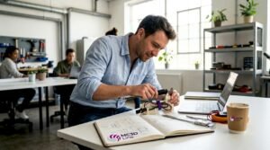 Un ingénieur examine minutieusement un prototype 3D installé sur son bureau.