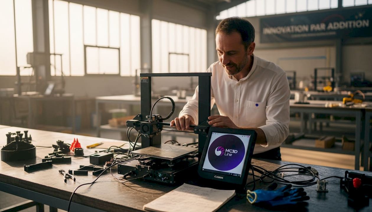 Un ingénieur procède aux réglages d’une imprimante 3D dans l’atelier.