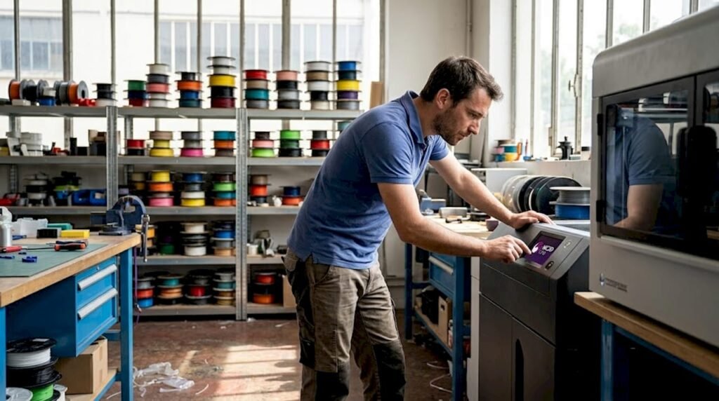 Un ingénieur contrôle la sécurité d'une imprimante 3D au sein d'une PME.