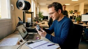 Un ingénieur analyse attentivement une pièce réalisée en impression 3D posée sur son bureau.