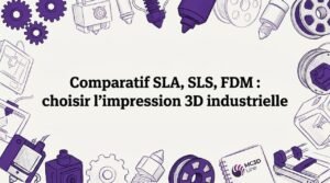 Cartouche de titre dessiné à la main, encadré par des pièces de l’imprimante 3D