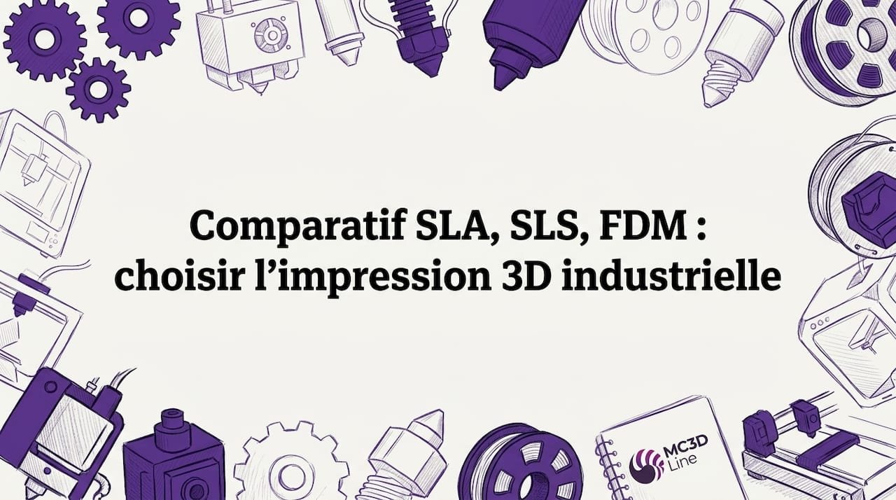 Cartouche de titre dessiné à la main, encadré par des pièces de l’imprimante 3D