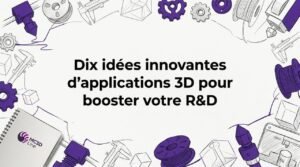 Carton d’introduction illustré à la main, mettant en scène des accessoires de l’impression 3D