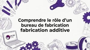 Cartouche décoratif entouré d’outils liés à la fabrication additive, laissant un espace central vierge pour le contenu.